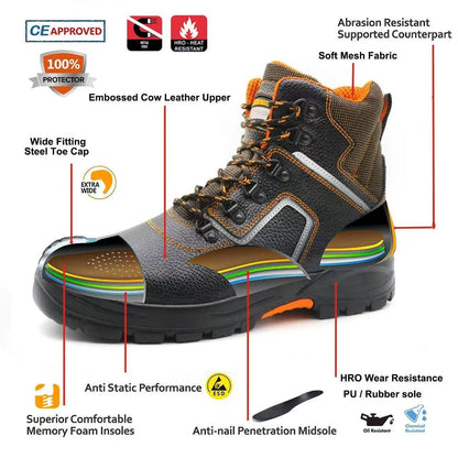 HJ-627 Black Leather Safety Work Shoes | Steel Toe & Steel Sole