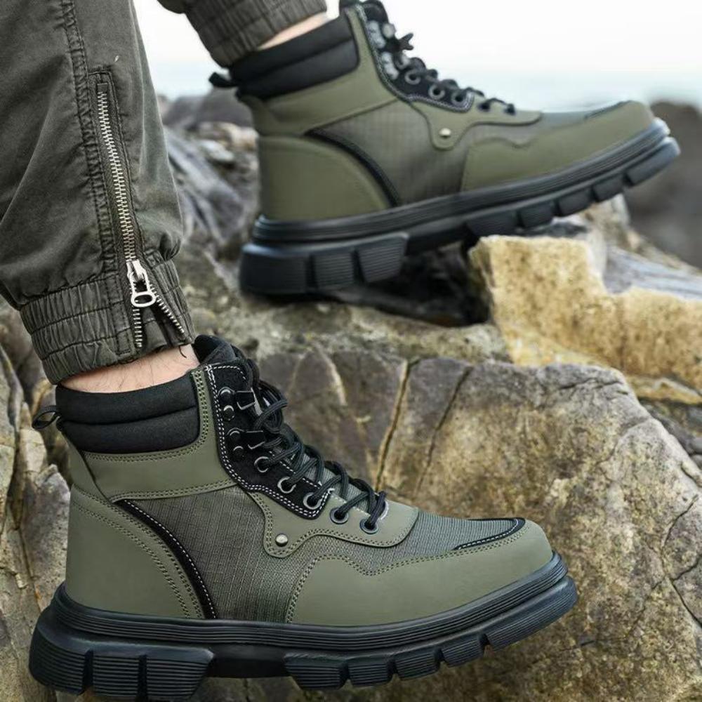 HJ-693 Microfiber Leather Steel Toe Work Shoes - Army Green Lace-Up Safety Shoes